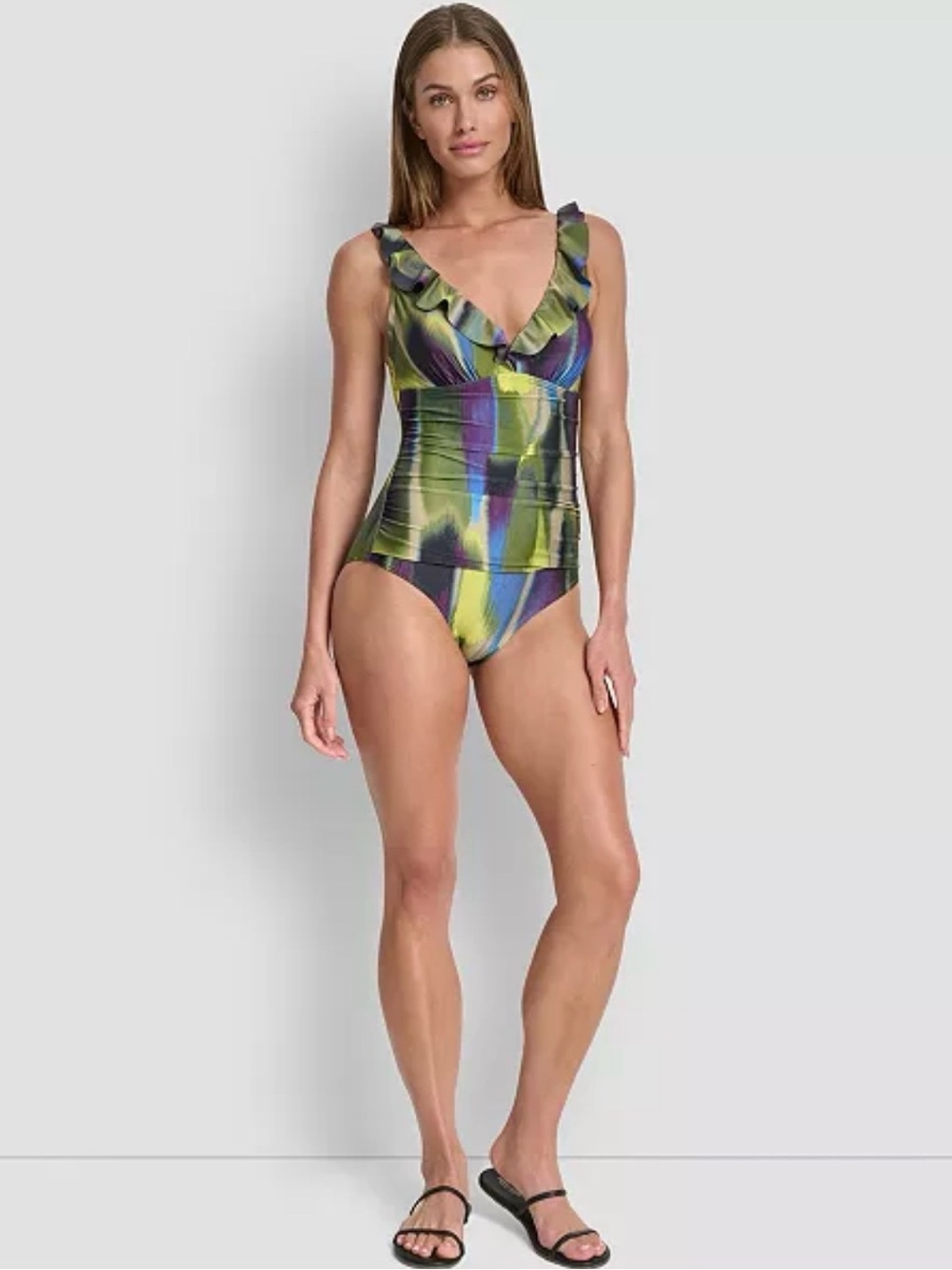 NWT DKNY Ruffle V-Neck One-Piece Swimsuit Bathing Suit Multicolor L - Picture 3 of 12